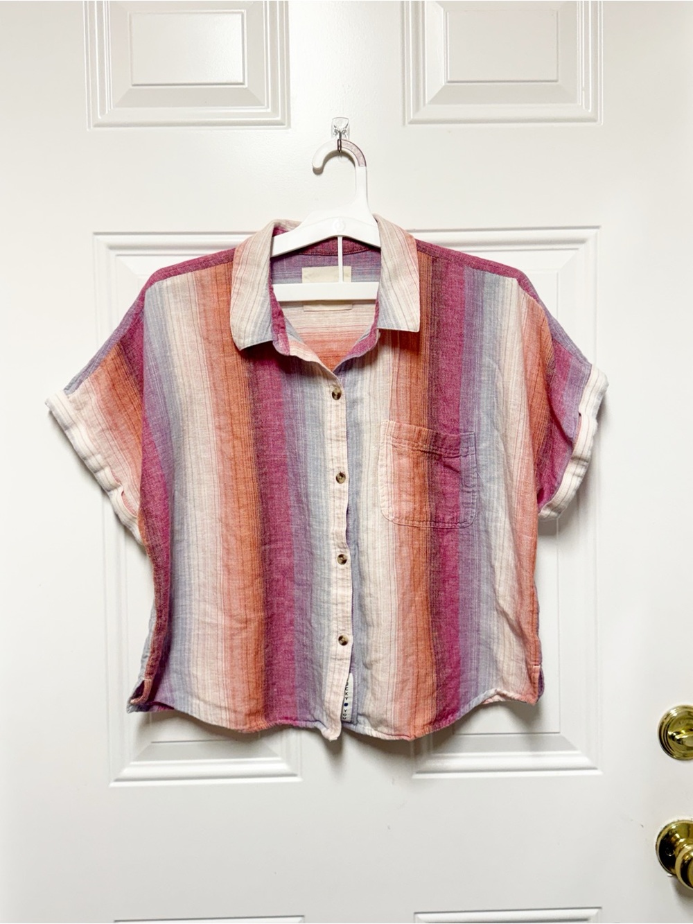 Lucky Brand Multi-Stripe Short-Sleeve Button-Down — Pink, Orange, Cream, Blue